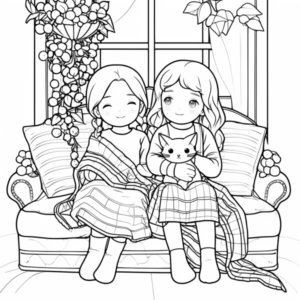 Two girls with a cat sitting on a sofa, cartoon style — free printable friendship coloring book page