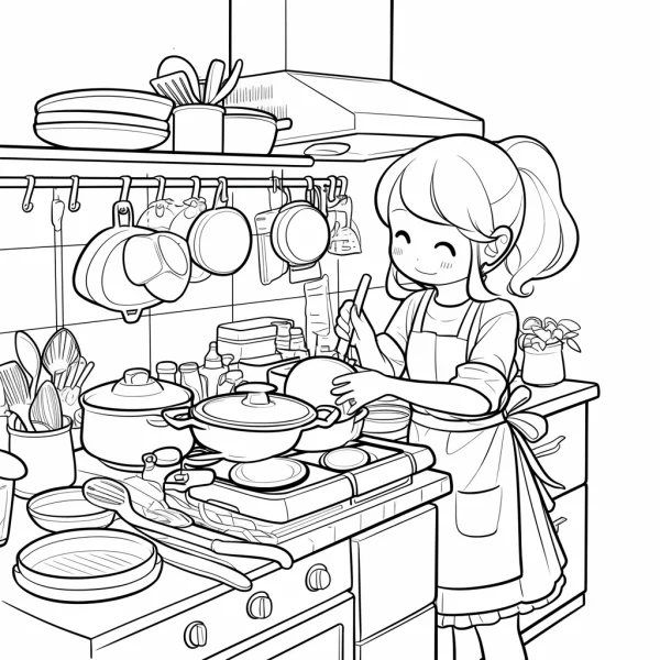 Girl cooking in kitchen, cartoon style — free printable cooking coloring book page