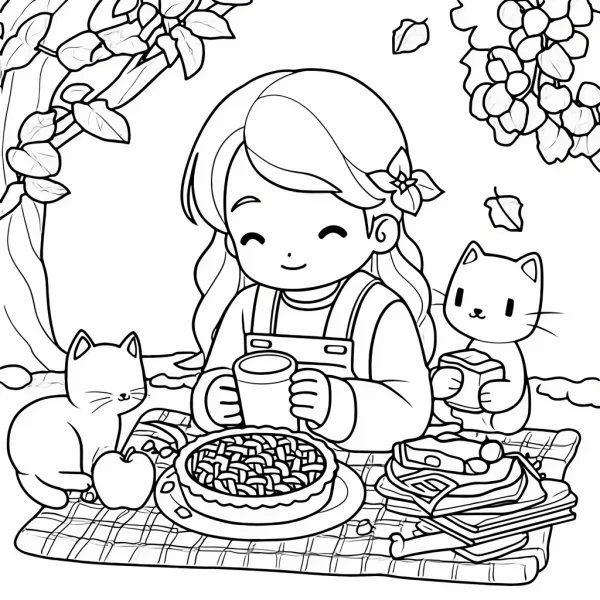 Cute girl having picnic with two cats, cartoon style — free printable autumn coloring book page