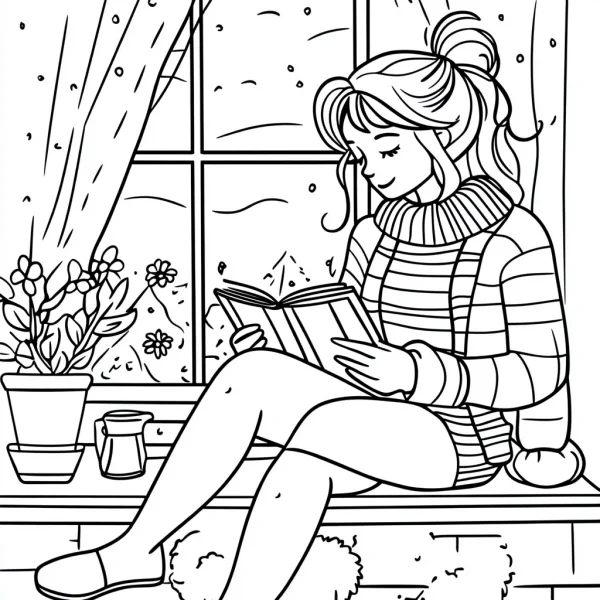 Girl reading book on windowsill, cartoon style — free printable home coloring book page