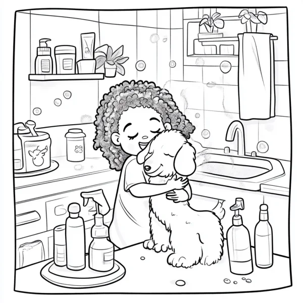 Curly-haired girl hugging a fluffy pet dog in bathroom, cartoon style — free printable pets coloring book page