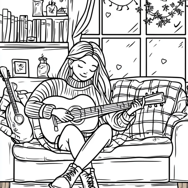 Girl playing acoustic guitar on couch in cozy home scene, fine smooth hand-drawn lines — free printable music coloring book page