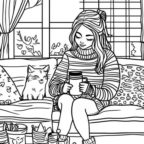 Cozy home girl with a cat on sofa, cartoon style — free printable family coloring book page