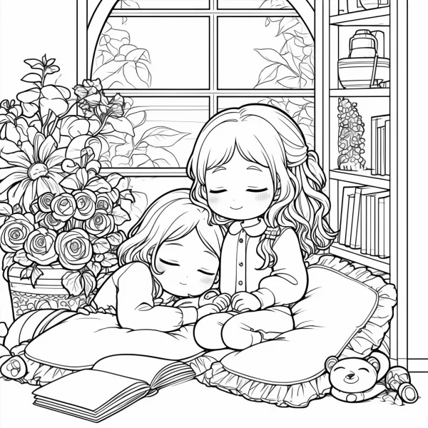 Two cuddling girls in cozy indoor room, cartoon style — free printable family coloring book page