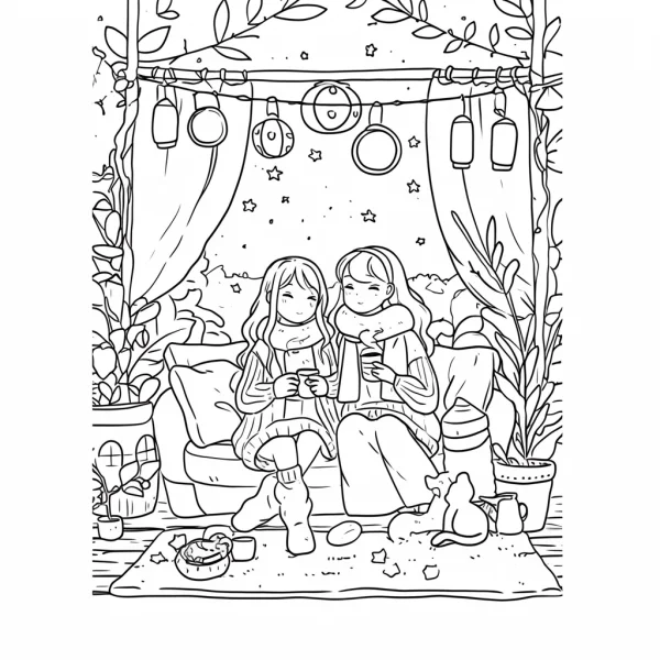 Two best friends relaxing on sofa, warm cozy home scene with potted plants and string lights — free printable friendship coloring book page