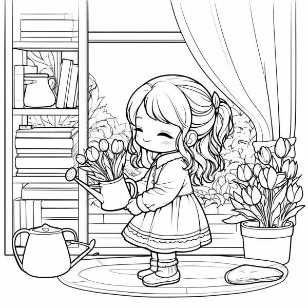 Cute little girl watering tulips, cartoon style — free printable children coloring book page