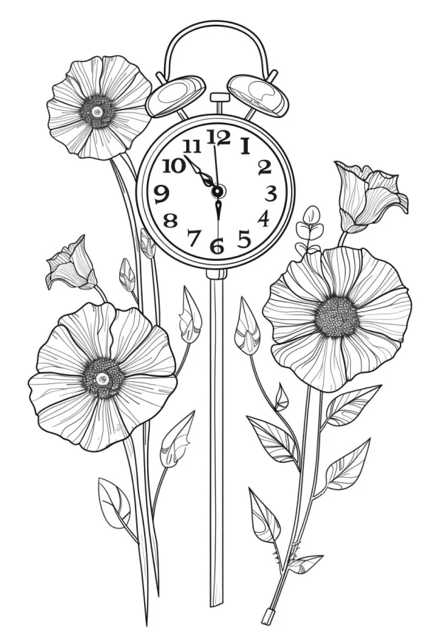 Vintage alarm clock surrounded by poppies, flower buds and stems — free printable life theme coloring book page