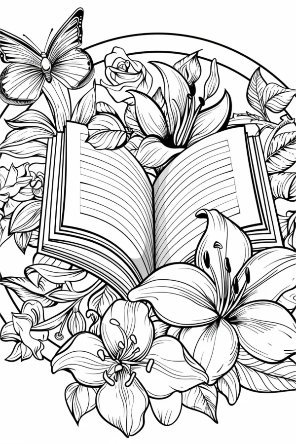 Open book surrounded by lilies, roses and a butterfly — free printable reading coloring book page