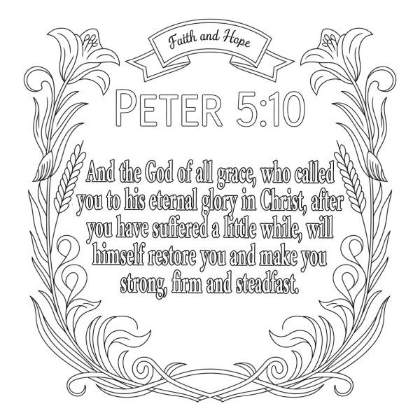 Bible verse peter 5:10 with floral vine border, 'faith and hope' banner — free printable religion coloring book page