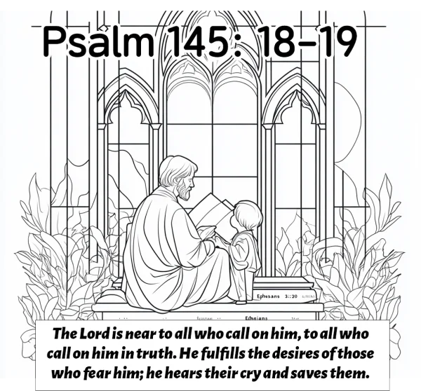 Elder and child reading biblical scripture, gothic stained glass window background — free printable reading coloring book page