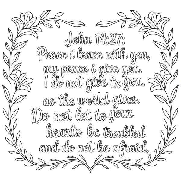 Floral vine wreath with bible verse john 14:27, hand-drawn simple style — free printable religion coloring book page