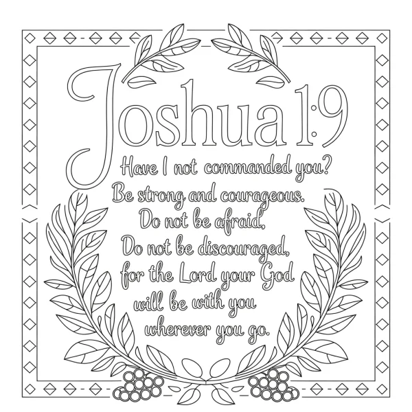 Joshua 1:9 inspirational bible verse with laurel wreath and decorative diamond border, decorative art style — free printable religion coloring book page