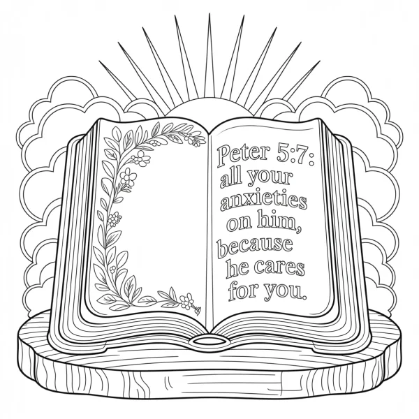Decorative open bible page with peter 5:7 verse, adorned with floral vines and small flowers — free printable religion coloring book page