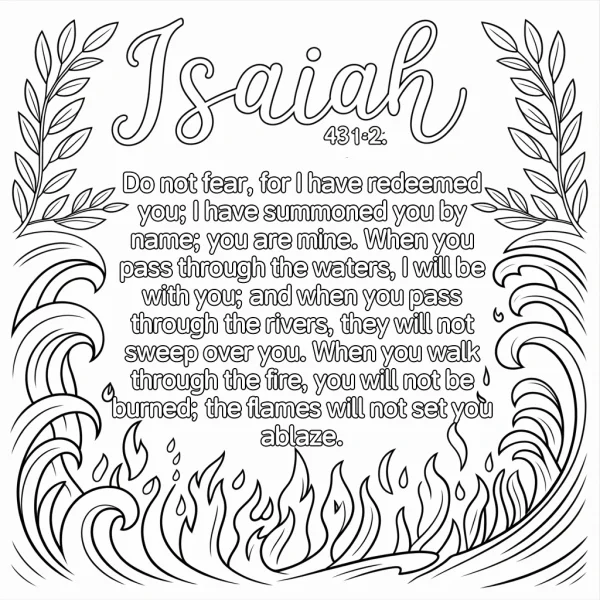 Coloring book page, isaiah 43:1-2 scripture line art — free printable religion coloring book page