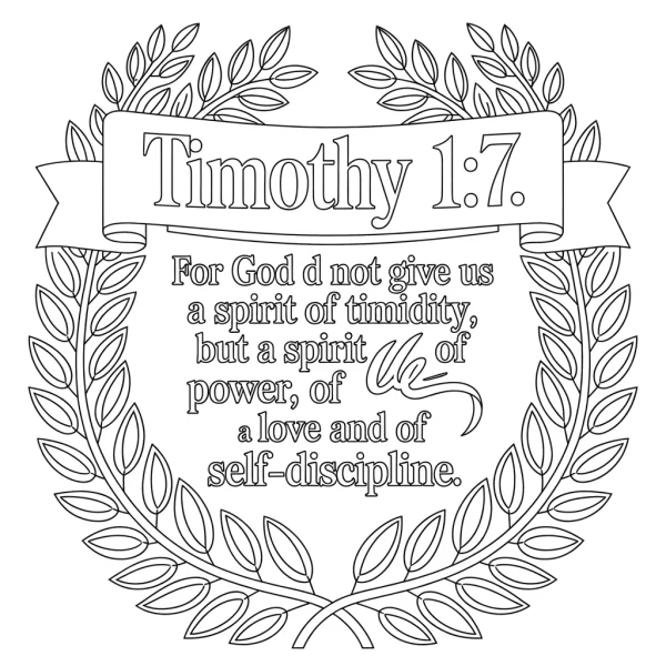 Laurel wreath with inspirational biblical verse timothy 1:7, vintage decorative style — free printable religion coloring book page