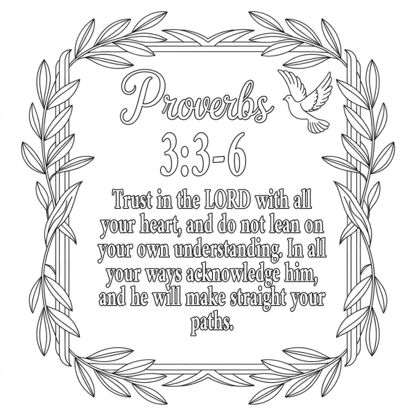 Religious scripture proverbs 3:3-6 framed by olive branches with a dove, decorative art style — free printable religion coloring book page