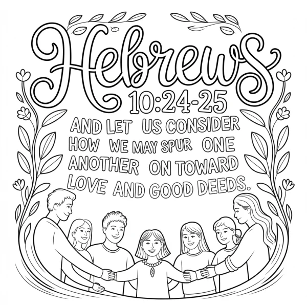 Group of diverse people holding hands with hebrews 10:24-25 scripture, surrounded by decorative leaves and flowers — free printable friendship coloring book page