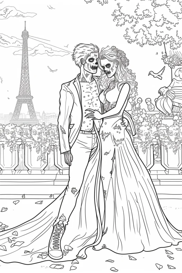Undead skeleton wedding couple, gothic horror style — free printable wedding coloring book page