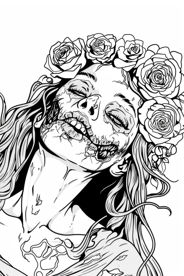 Undead girl with rose wreath, gothic horror style — free printable day of the dead coloring book page