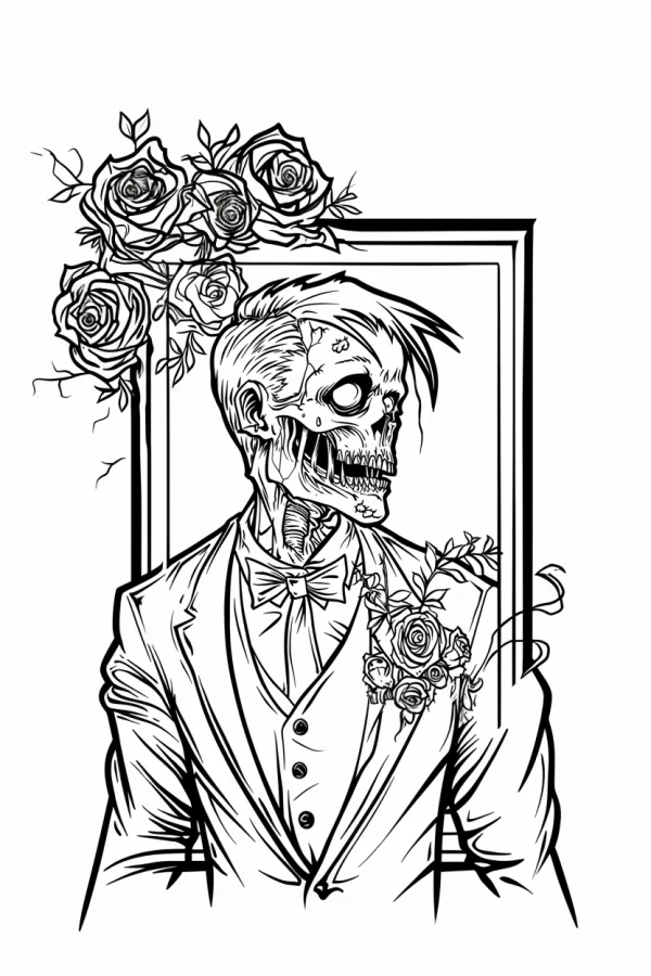 Suit-clad skeleton groom, gothic style — free printable wedding coloring book page