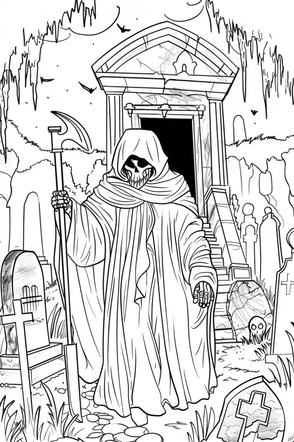 Grim reaper with scythe standing in a graveyard, gothic horror style — free printable death coloring book page