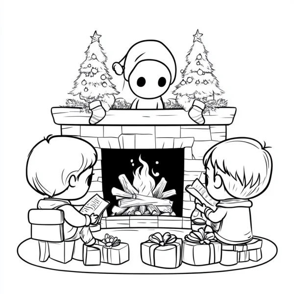 Children and christmas elf in front of fireplace with decorated christmas trees and gift boxes, cartoon style — free printable family coloring book page