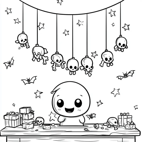 Cute round-headed cartoon character with hanging chibi skulls, cartoon halloween style — free printable cartoon coloring book page