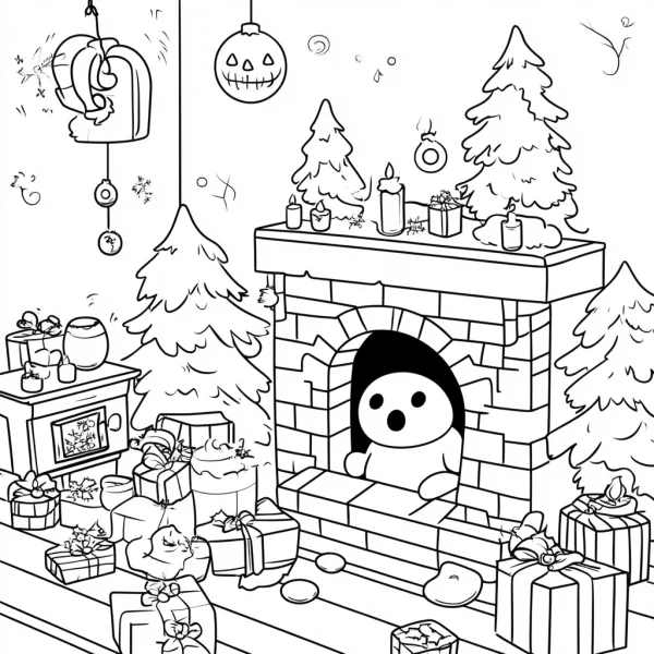 Cute ghost in brick fireplace, cartoon style — free printable family coloring book page