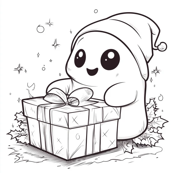Cute ghost wearing nightcap with christmas gift box, cartoon style — free printable cute coloring book page