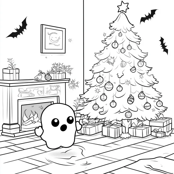 Cute cartoon ghost in a cozy christmas living room, cartoon style — free printable home living coloring book page