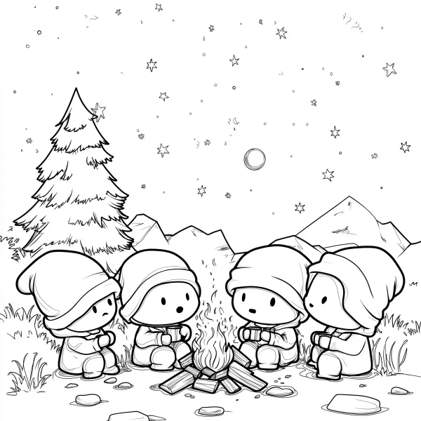 Four cute cartoon gnomes sitting around a campfire, cartoon style — free printable camping coloring book page
