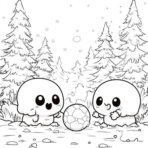Two cute fantasy creatures playing football in snow, cartoon style — free printable sports coloring book page