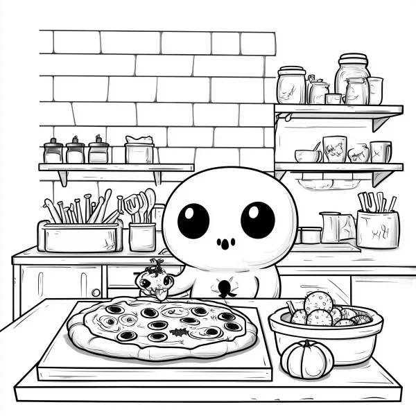 Cute cartoon ghost making pizza in kitchen, cartoon style — free printable cooking coloring book page