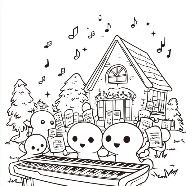 Cute cartoon characters playing keyboard, cartoon style — free printable friendship coloring book page