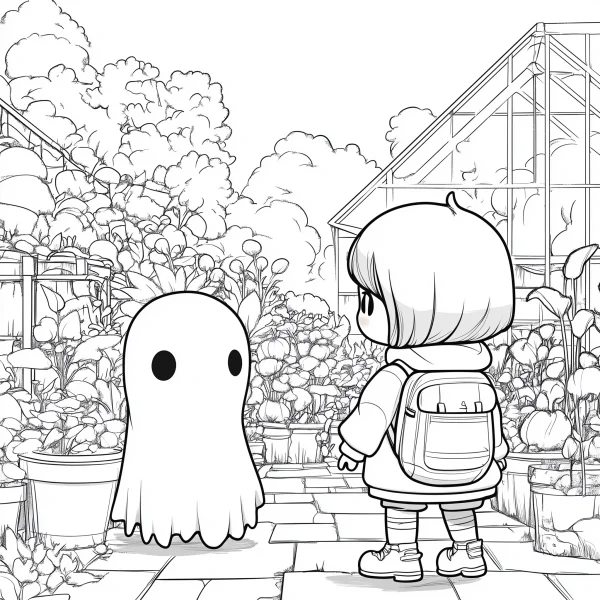 Backpack girl and cute ghost in greenhouse garden with flowers and potted plants, cartoon fairy tale style — free printable children coloring book page