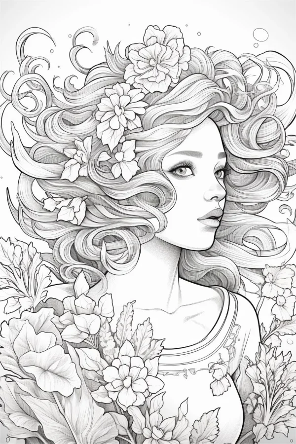 Curly hair girl with flowers in her hair and surrounded by floral vines, art nouveau style — free printable nature theme coloring book page