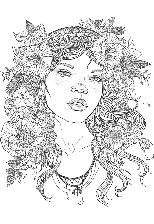 Bohemian girl with floral headdress and necklace, bohemian style — free printable bohemian coloring book page