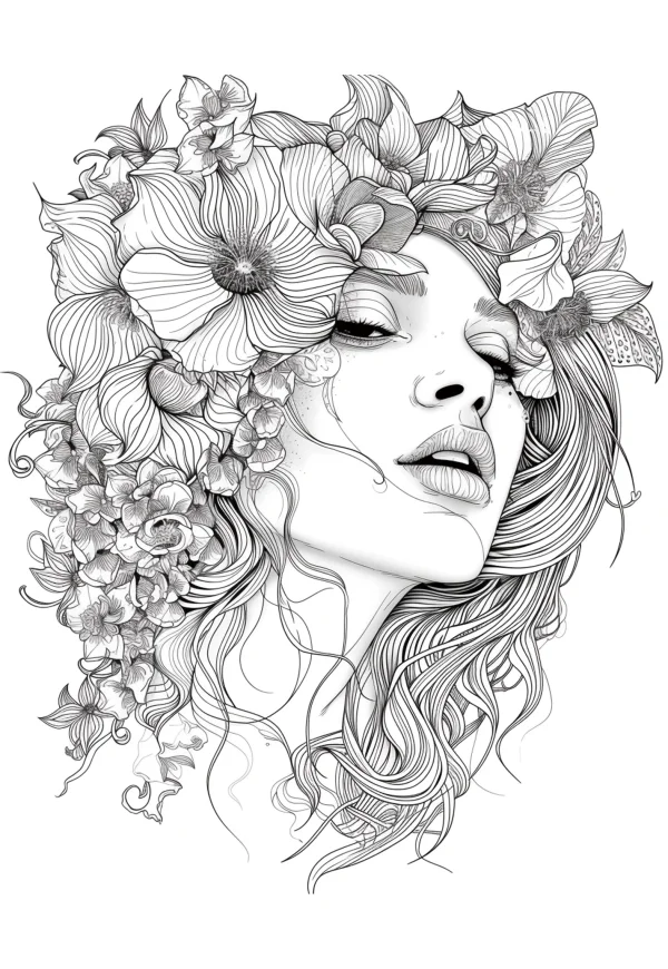 Girl with floral crown and long curly hair, intricate line art style — free printable art creation coloring book page