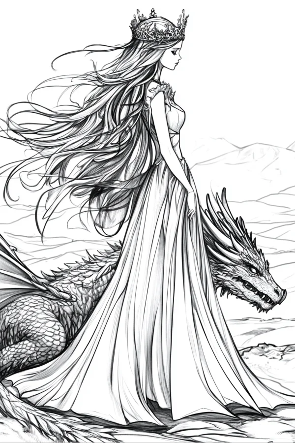 Princess with a crown and long flowing dress standing beside a giant dragon, anime style — free printable fantasy creatures coloring book page