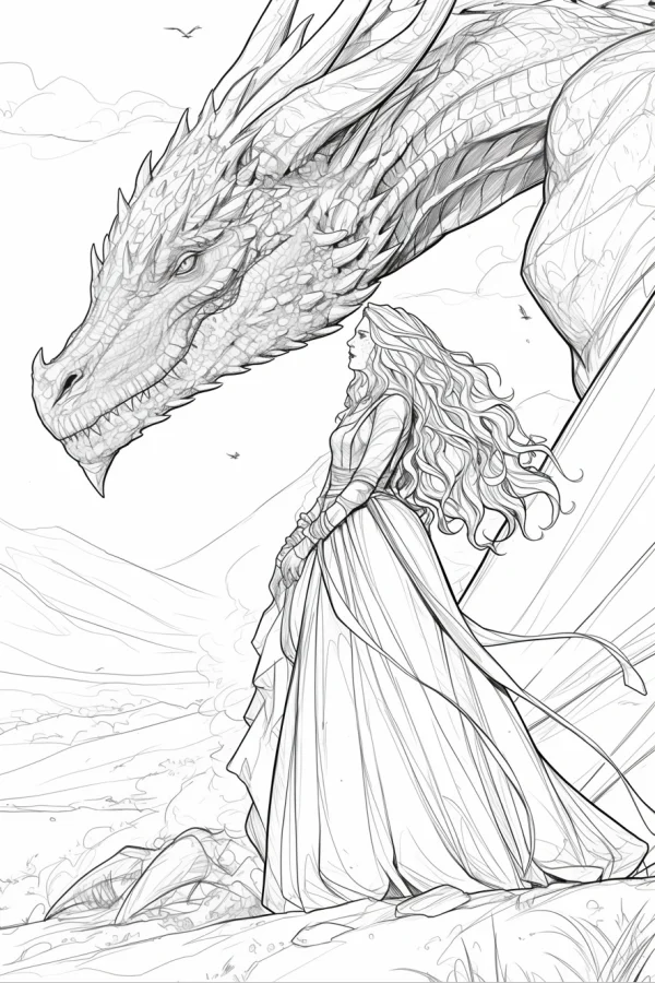 Long-haired princess and giant fantasy dragon, fantasy illustration style — free printable mythology coloring book page