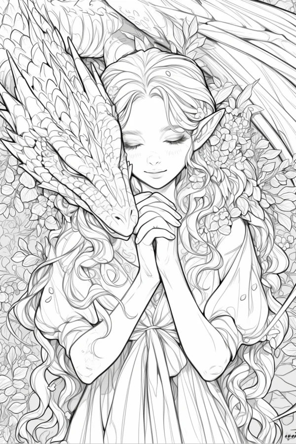 Curly-haired elf with closed eyes and gentle dragon, fantasy style — free printable fantasy creatures coloring book page