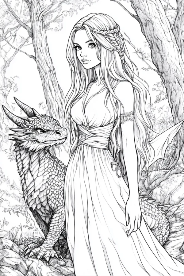 Fairy with long braided hair standing beside a detailed dragon in a forest, fantasy style — free printable fantasy creatures coloring book page