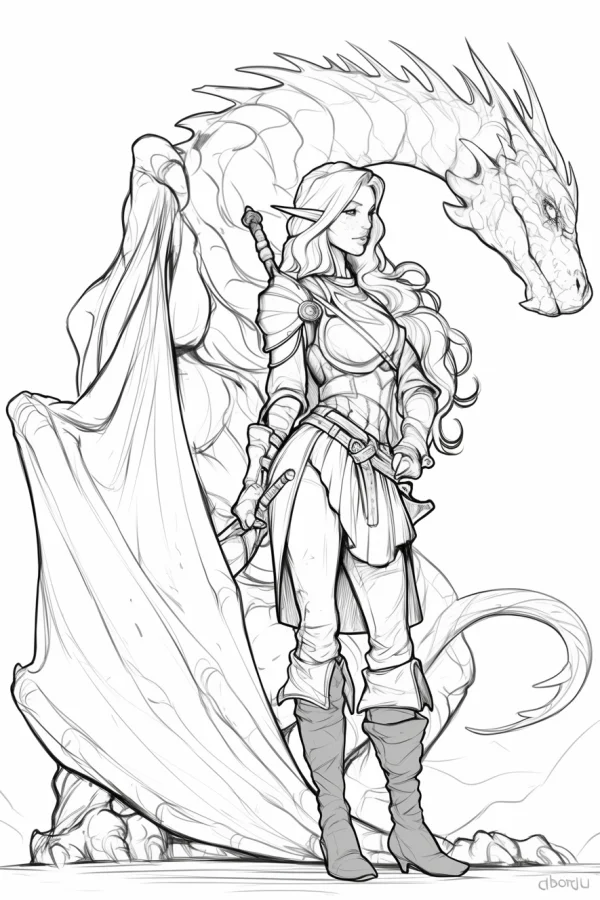 Elf warrior with giant dragon, fantasy style — free printable mythology coloring book page