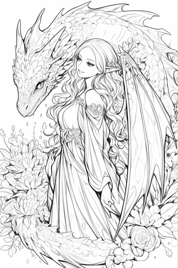 Elf girl with a giant dragon, fantasy fairy tale style — free printable mythology coloring book page