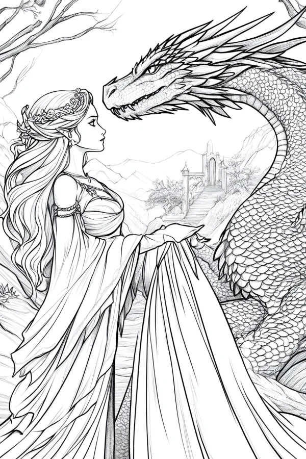 Elf girl with floral crown interacting with a giant dragon, fantasy style — free printable mythology coloring book page