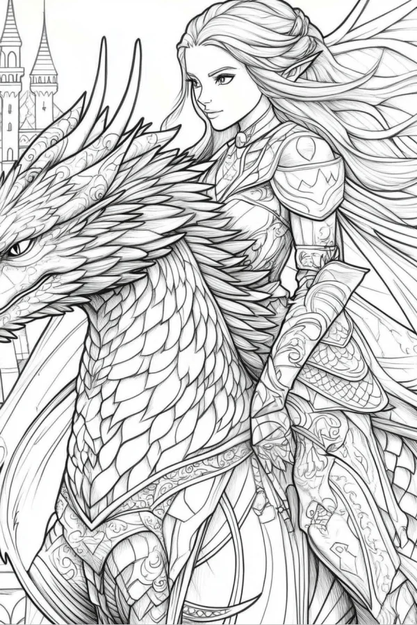 Elf warrior with a giant dragon, fantasy sketch style — free printable mythology coloring book page