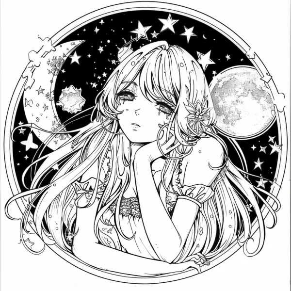Fantasy long-haired girl surrounded by crescent moon, full moon and stars — free printable starry sky coloring book page