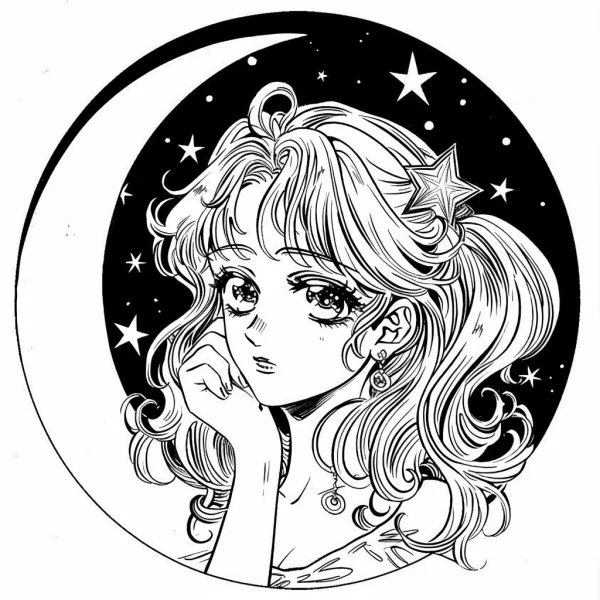 Cartoon curly-haired girl with star hairpin resting on crescent moon, japanese anime style — free printable starry sky coloring book page