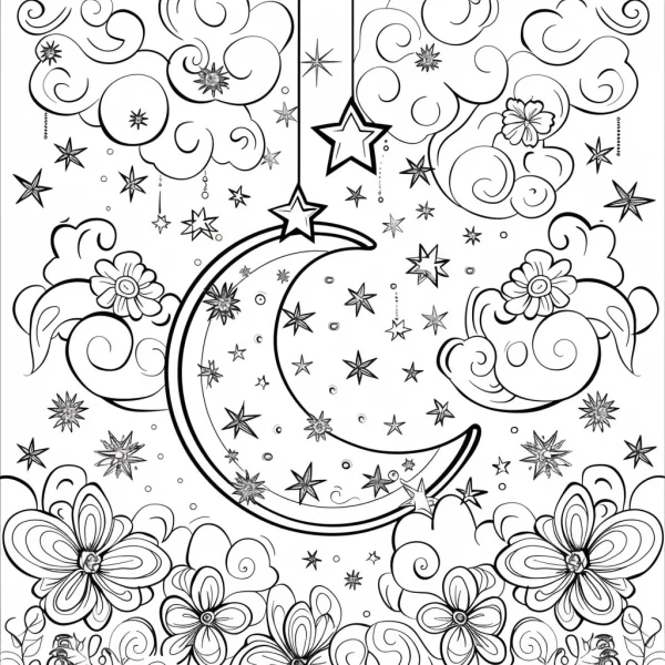 Crescent moon with flowers and stars, fantasy style — free printable nature theme coloring book page