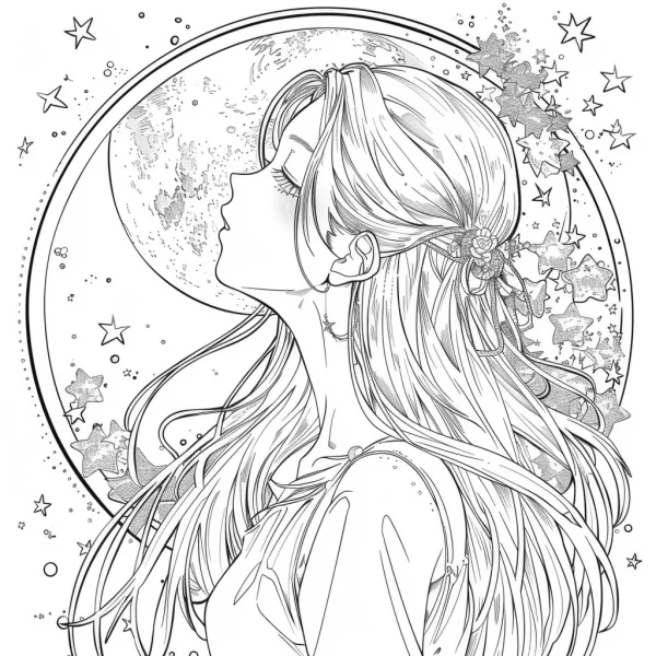 Long-haired girl gazing up at the moon, anime style — free printable starry sky coloring book page